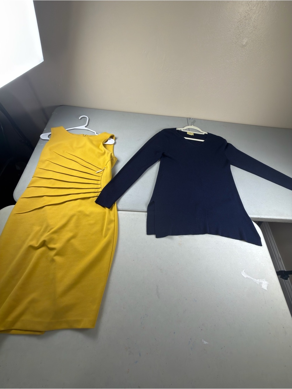 Yellow Pleated Sheath Dress - Elegant Women's Workwear and Navy Dress shirt